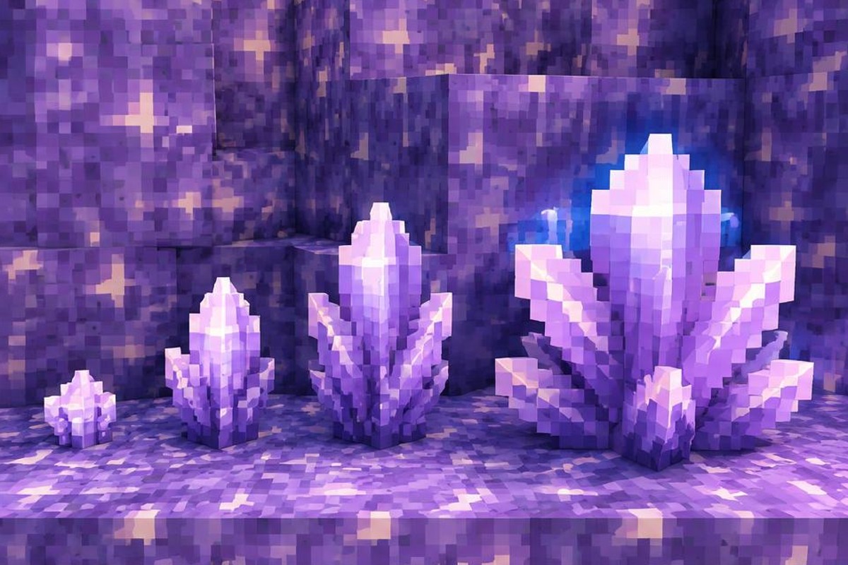 Small and large purple amethyst clusters shown close up inside a geode