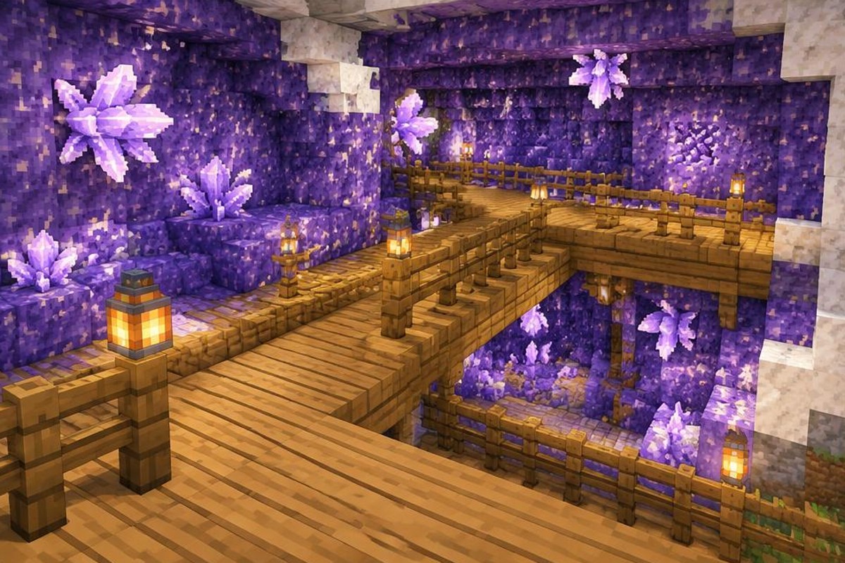 Wooden access walkway crossing a geode surrounded by purple amethyst clusters