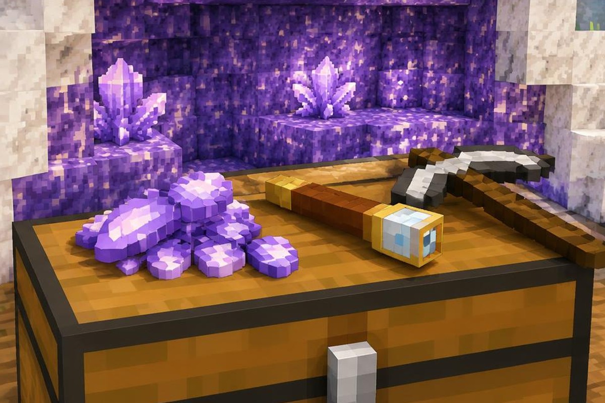 Purple amethyst shards and a pickaxe displayed atop a wooden chest