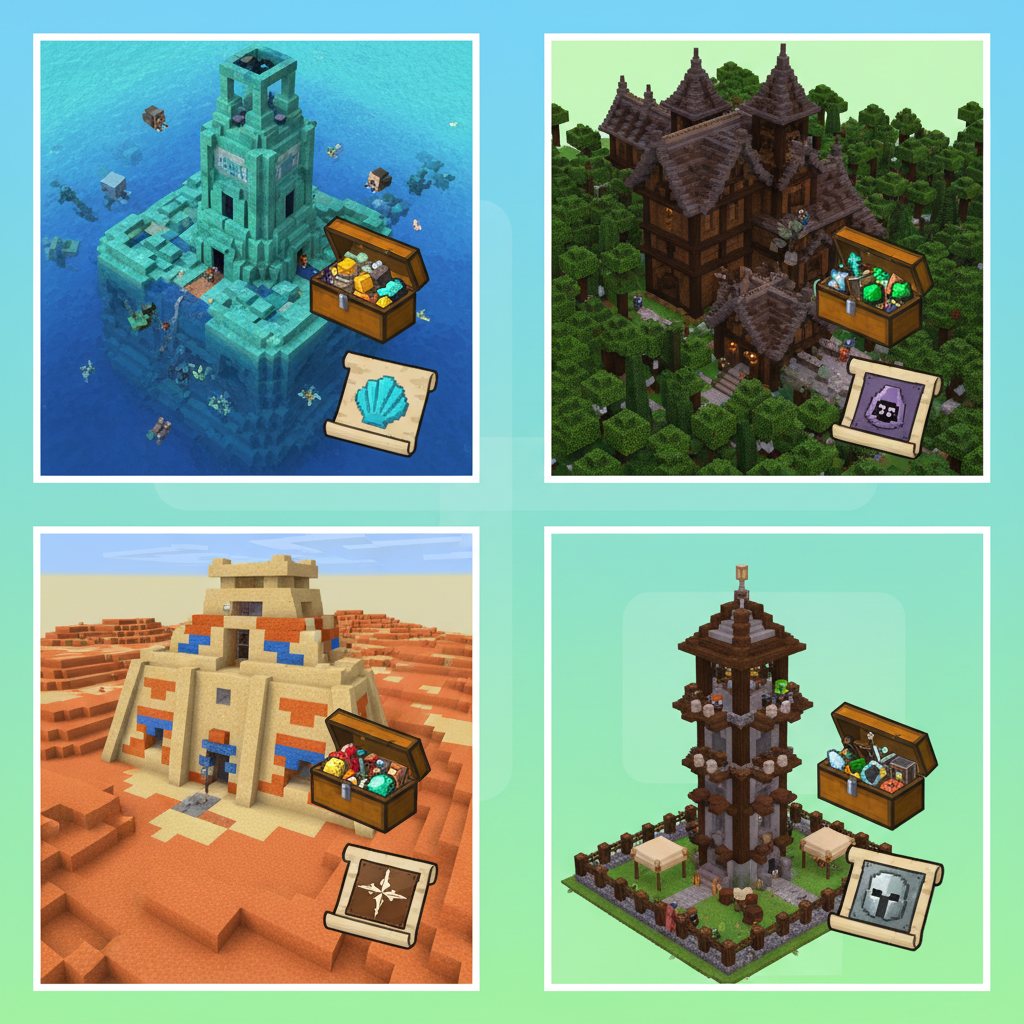 Infographic-style scene showing Overworld structures where armor trim templates can be found