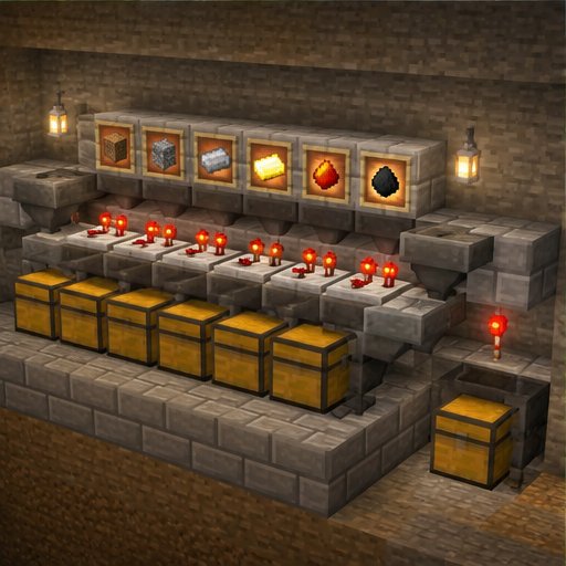 Automatic Item Sorter with Overflow Protection — conceptual voxel illustration