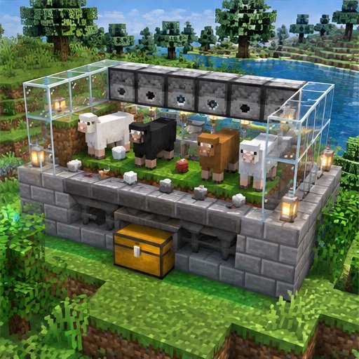 Automatic Wool Farm with Observers — conceptual voxel illustration