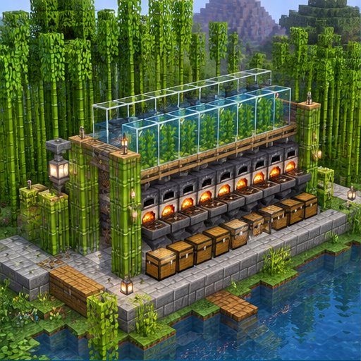 Bamboo and Kelp Hybrid Furnace Array — conceptual voxel illustration