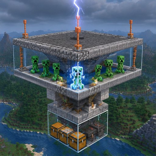 Charged Creeper Farm with Lightning Rods — conceptual voxel illustration