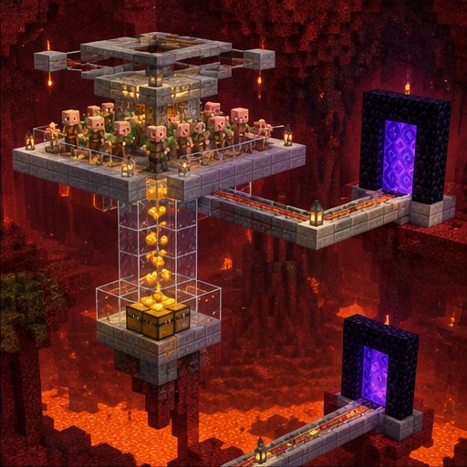 Gold Farm Primer with Nether Portals — conceptual voxel illustration