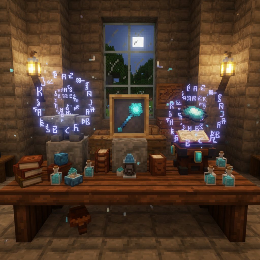 Mace displayed near an enchanting setup highlighting upgrades and enchantments