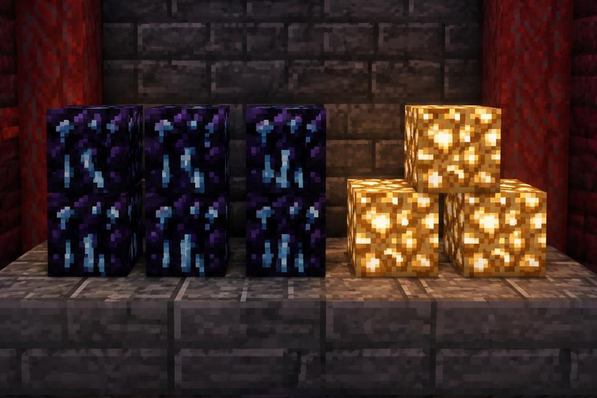 Dark crying obsidian and glowing glowstone blocks displayed on stone shelves