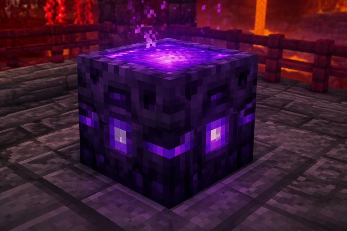 Close view of a glowing purple respawn anchor inside stone walls