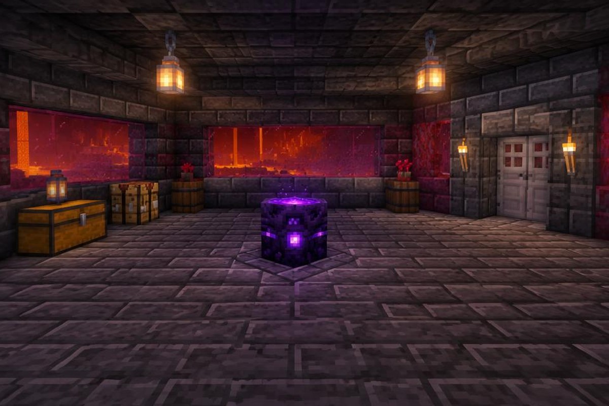 Respawn anchor beside storage chests within a protected Nether room