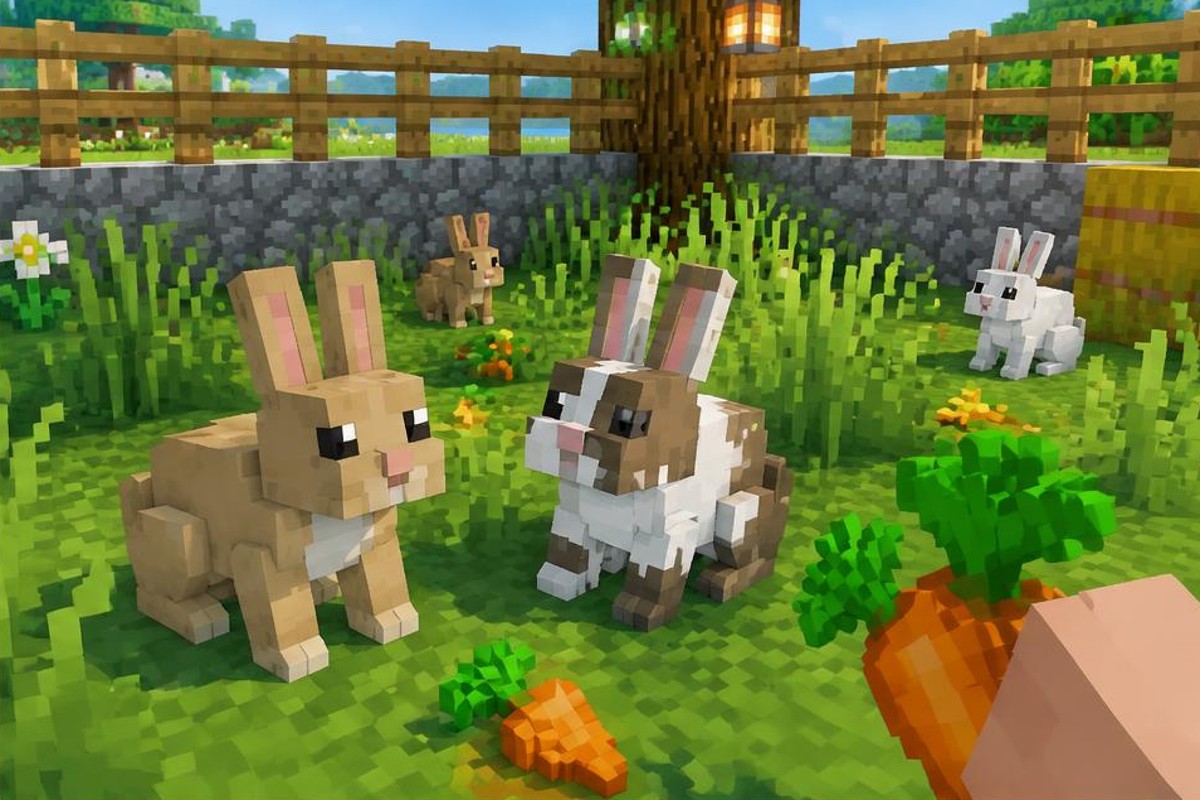 Two rabbits near a carrot held beside garden grass and flowers