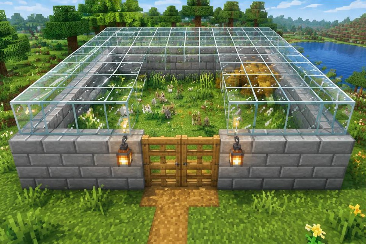 Grass nursery enclosed by stone walls beneath a clear glass roof