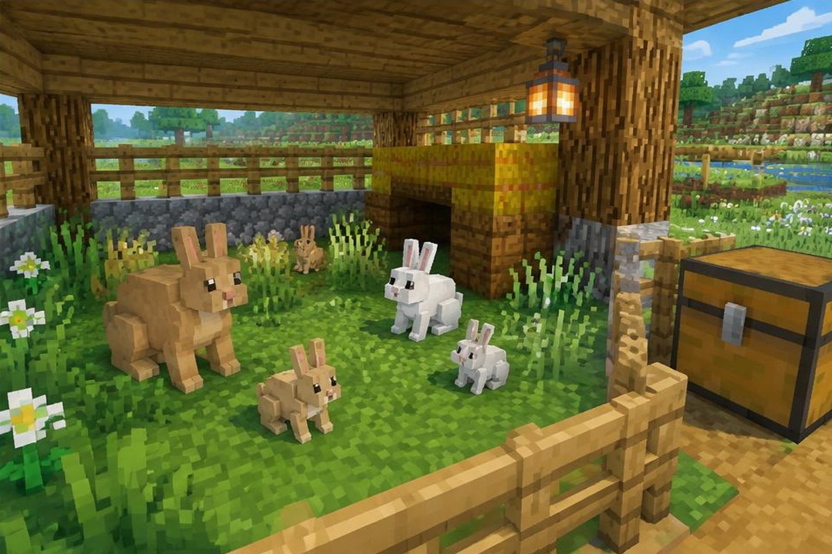 Adult rabbits and a baby rabbit on grass beside wooden storage