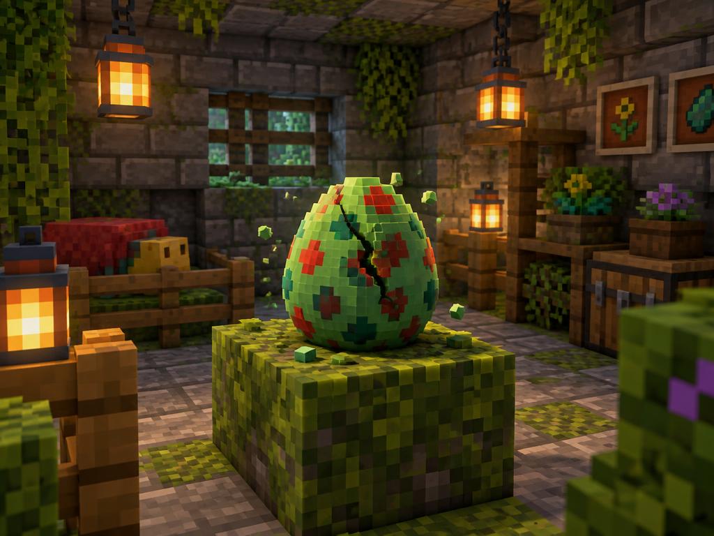 Cracked sniffer egg on a moss block in a lantern-lit nursery room