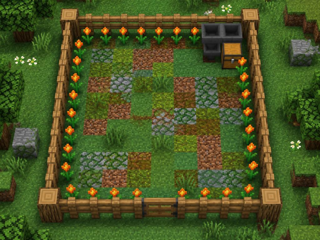 Top-down view of a fenced sniffer pen with mixed dirt, moss and grass floor, hoppers and a chest in the corner